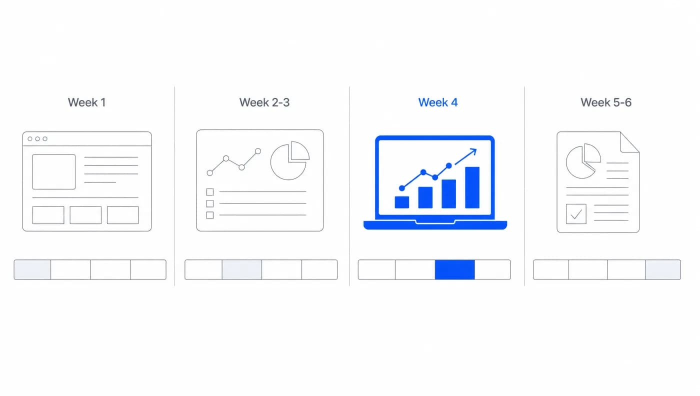 An illustrative six-week rollout plan: setup in week one, dashboards in weeks two and three, a client-facing launch in week four, and reporting in weeks five and six. Actual timing depends on data, security, and review scope.