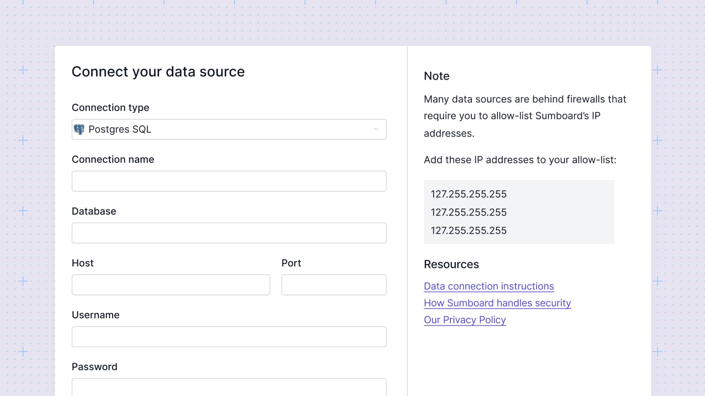 The Sumboard data connection screen, showing warehouse, database and API source options