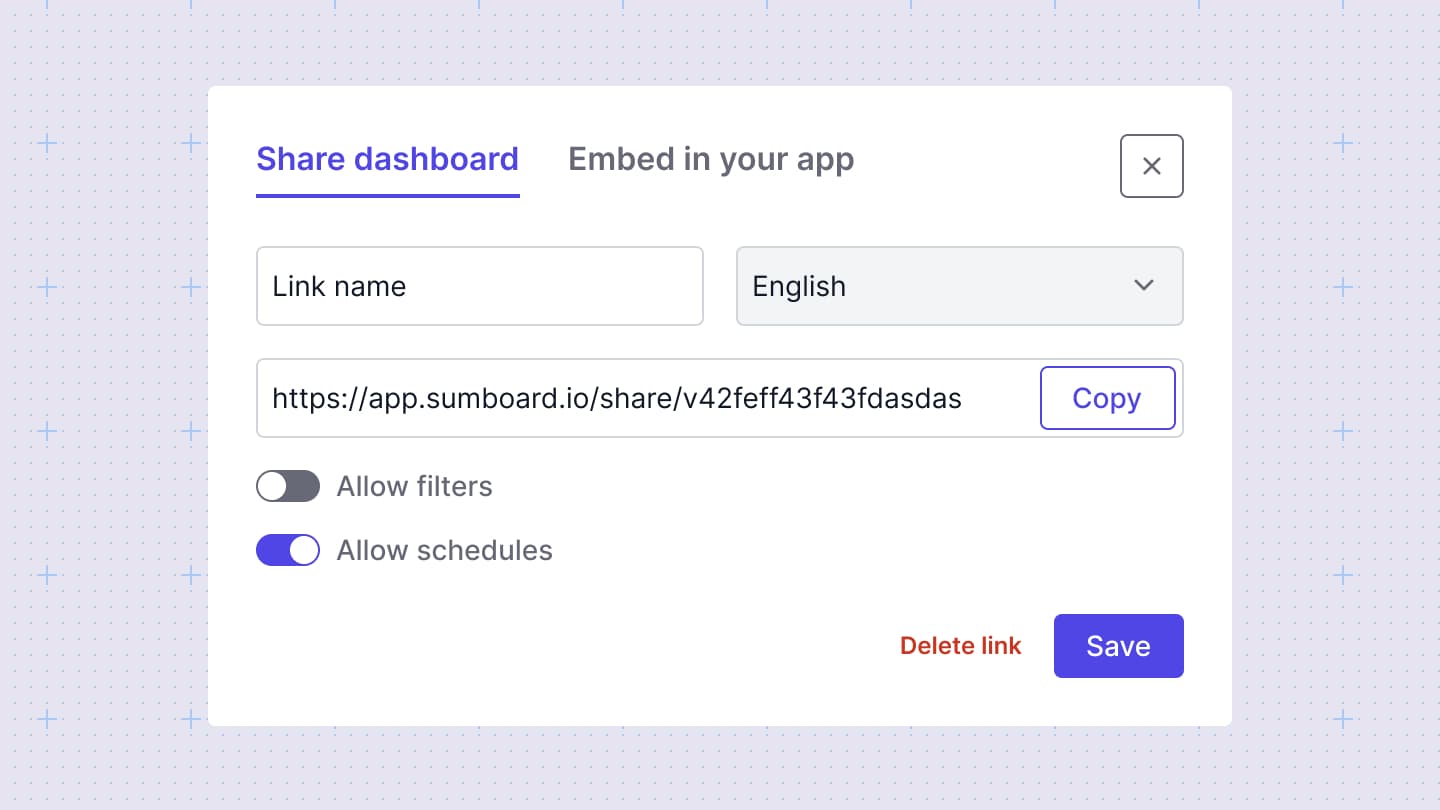 The Sumboard sharing panel with a secure link and schedule options