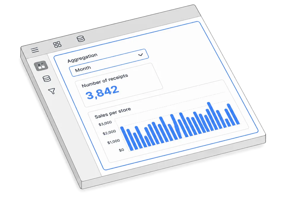 An isometric host application window with an analytics panel set into its content area as an inlay, and a visible blue seam where the two meet.